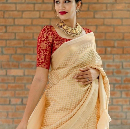Awesome Cream Color Soft Banarasi Silk Saree