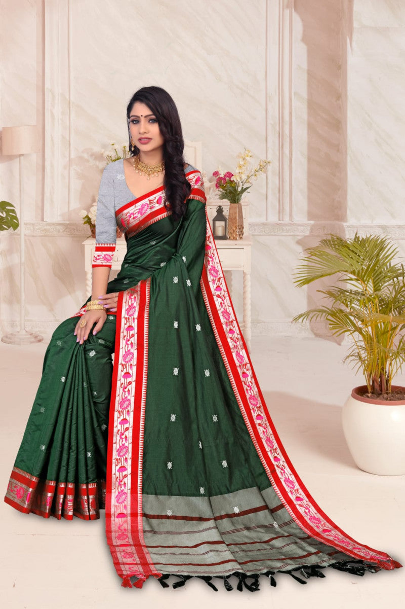 Heavy Jacquard Border Green Color Paithani Saree