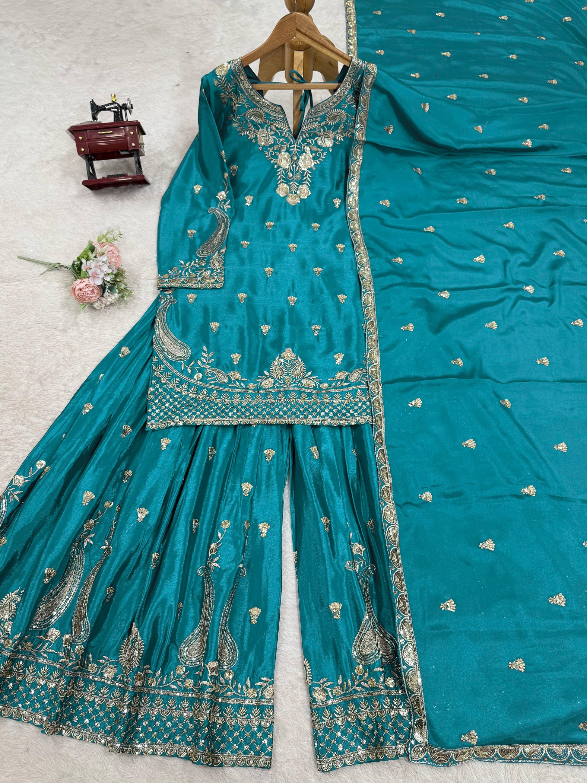 Wonderful Chinon Silk Teal Blue Color Palazzo Suit