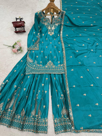 Wonderful Chinon Silk Teal Blue Color Palazzo Suit