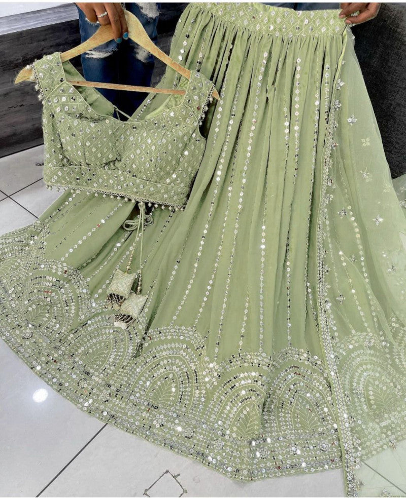 Exclusive Pista Color Heavy Embroidery Sequence Work Lehengha Choli