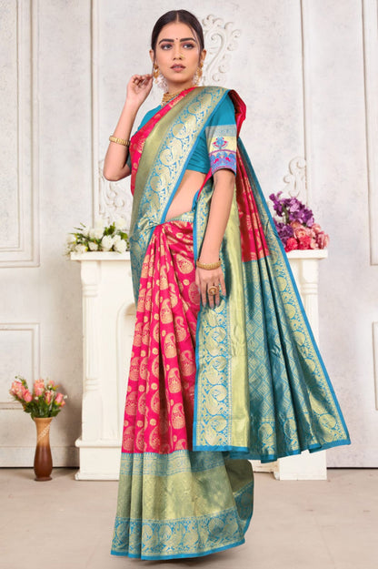 Stunning Pink And Sky Blue Rich Pallu Saree