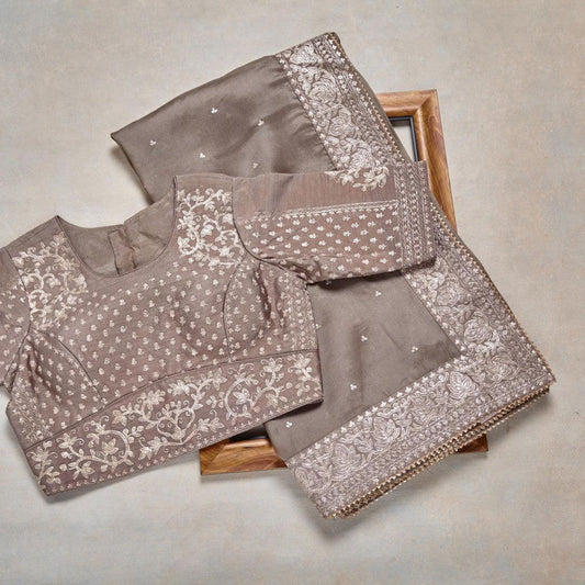 Beige Color Embroidery Work Organza Saree