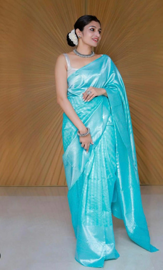 Marvelous Sky Blue Shining Jacquard Work All Over Saree
