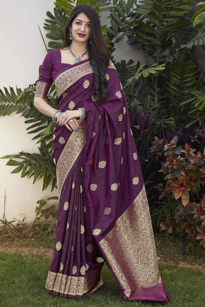 Fantastic Dark Purple Color Golden Jari Work Soft Lichi Silk Saree