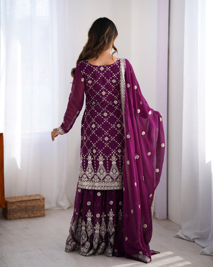Adorable Georgette Thred Work Wine Color Sharara Suit