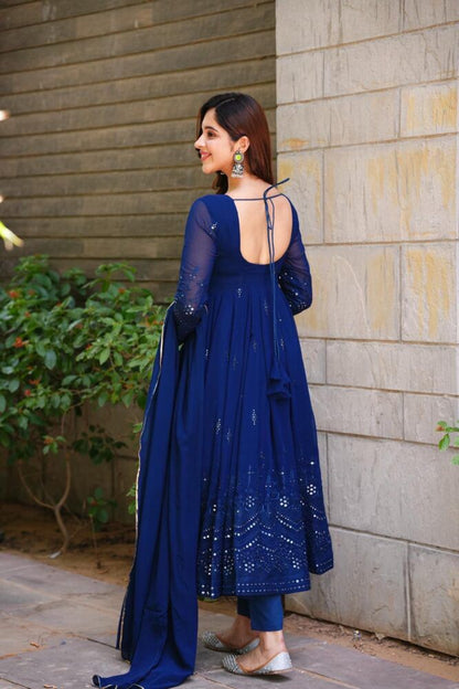 Fantastic Georgette Navy Blue Color Gown