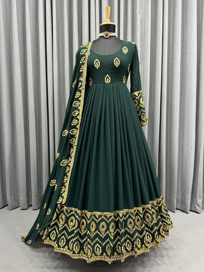 Gorgeous Green Color Sequence Embroidery Work Gown