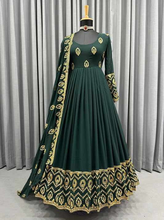 Gorgeous Green Color Sequence Embroidery Work Gown