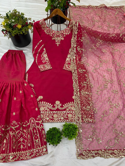 Attractive Simmer Silk Pink Color Sharara Suit