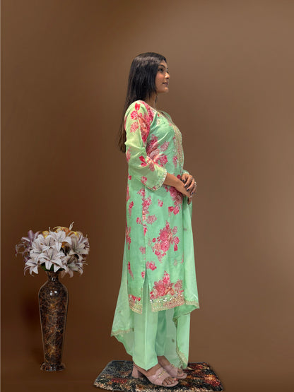 Flattering Sequence Heavy Stone Mirror Hand Work Pista Color Palazzo Suit