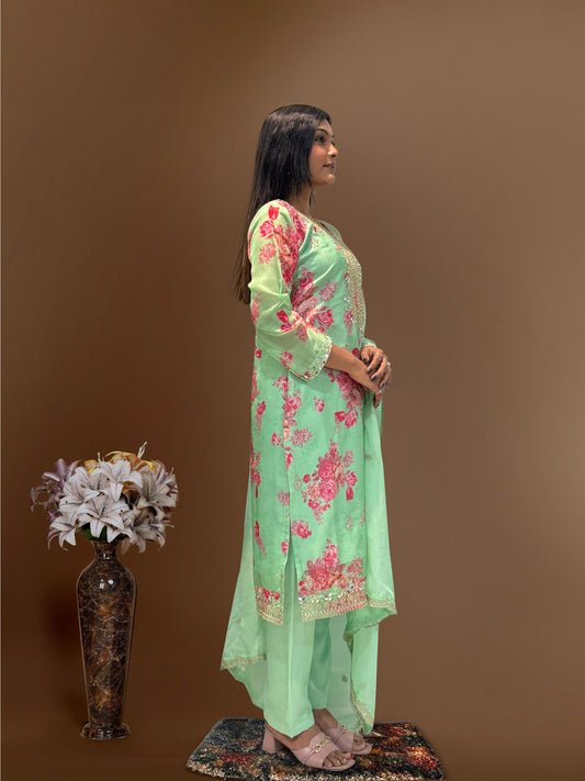 Flattering Sequence Heavy Stone Mirror Hand Work Pista Color Palazzo Suit