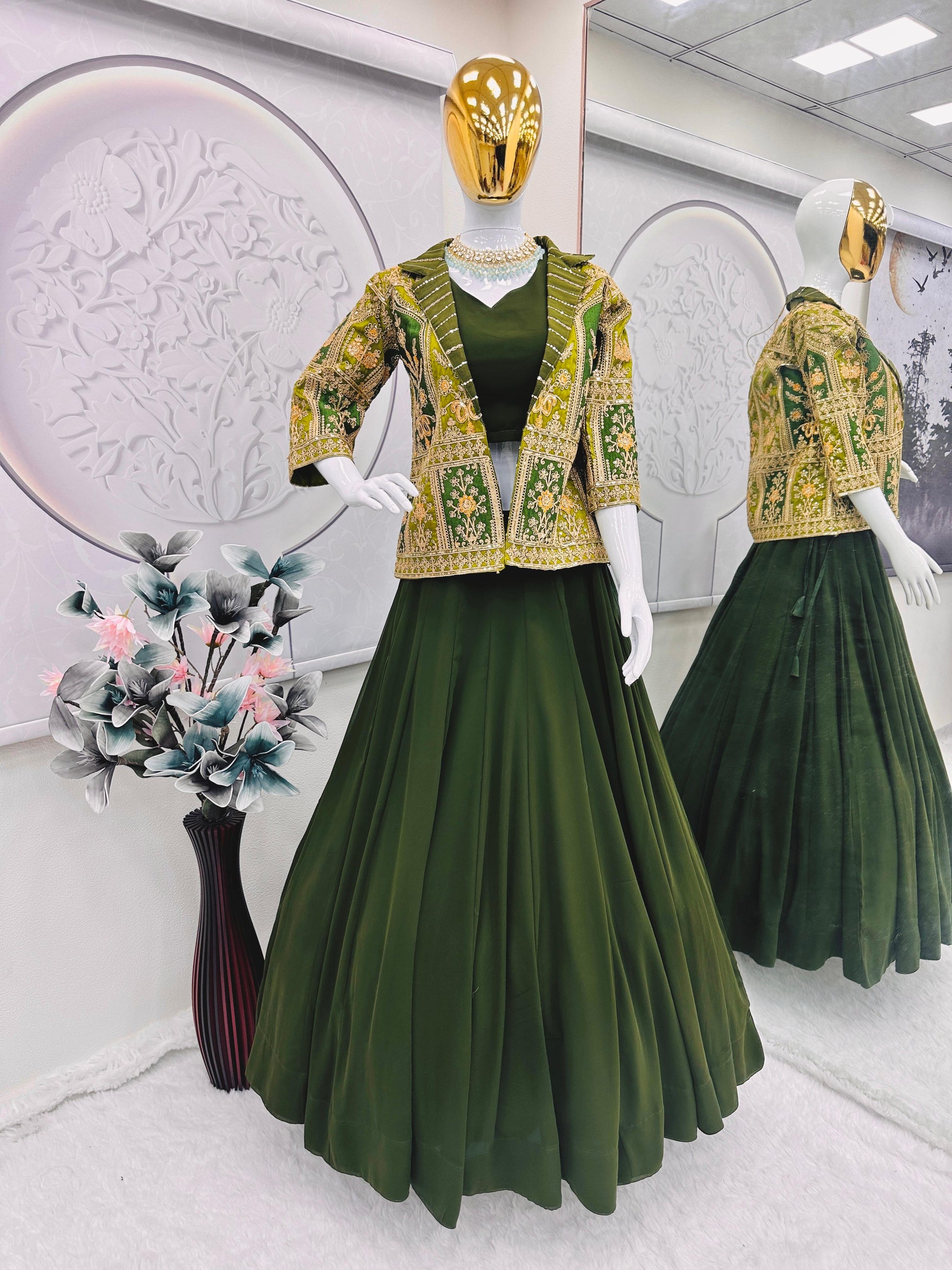 Graceful Mono Silk Green Color Lehenga Choli With Koti