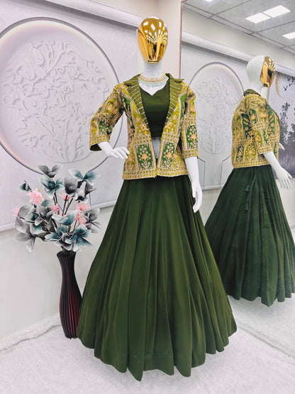 Graceful Mono Silk Green Color Lehenga Choli With Koti