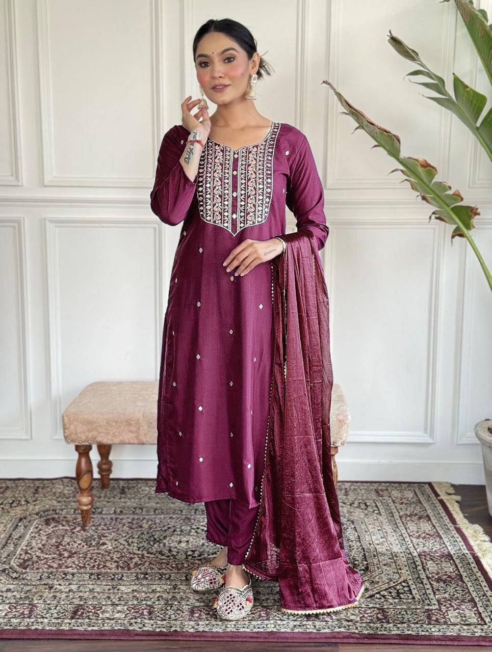 Wonderful Heavy Reyon Wine Color Salwar Suit