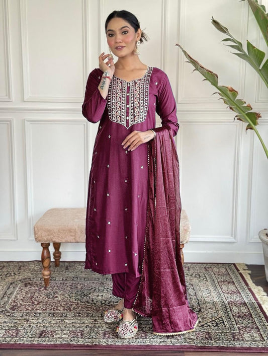 Wonderful Heavy Reyon Wine Color Salwar Suit