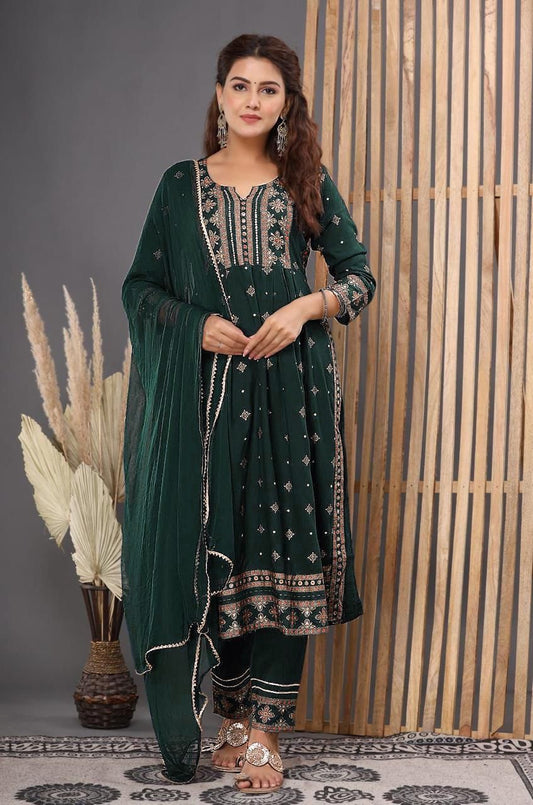 Precious Reyon Foil Print Green Color Salwar Suit