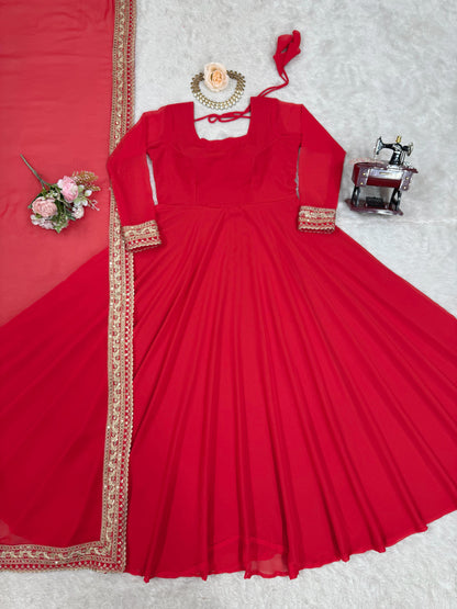 Attractive Georgette Red Color Anarkali Gown