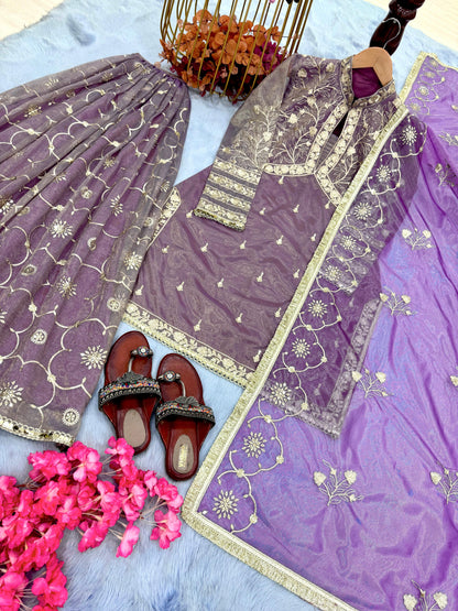 Exotic Gold Net Embroidery Work Onion Color Sharara Suit