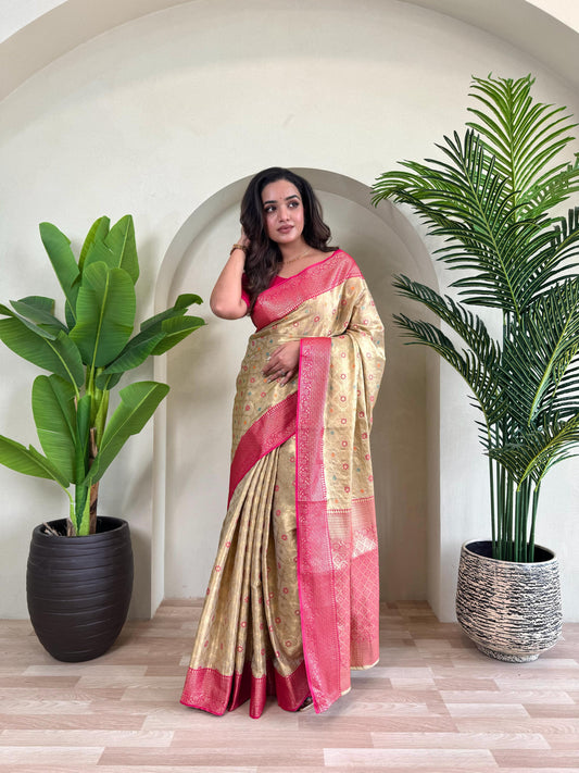 Designer Silk Zari Weaving Beige Color Saree