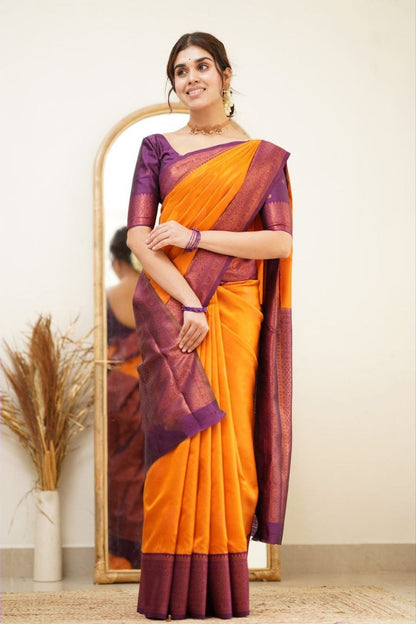 Designer Orange Color Coper Jari Design Soft Silk Saree