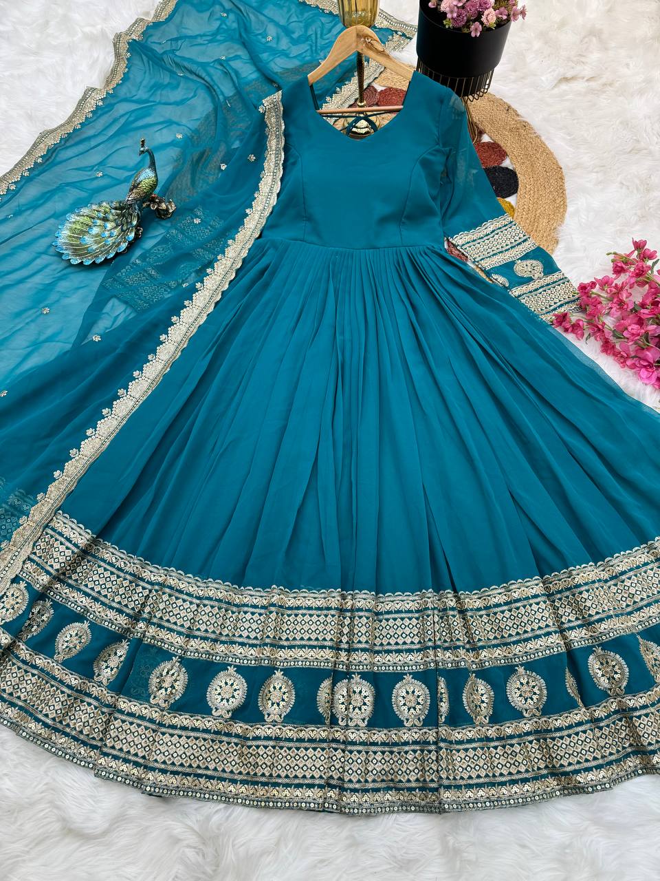 Wonderful Georgette Embroidery Work Sky Blue Color Gown