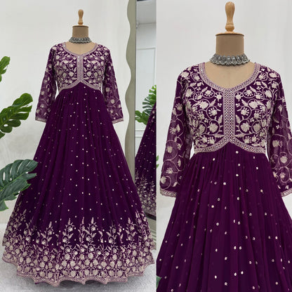Embellished Gorgette Sequnce Work Wine Color Gown