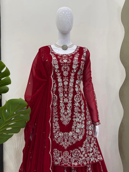 Awesome Gorgette Red Color Sharara Suit