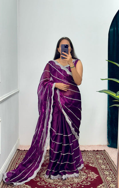 Peaceful Embroidery Zari Work Purple Color Saree