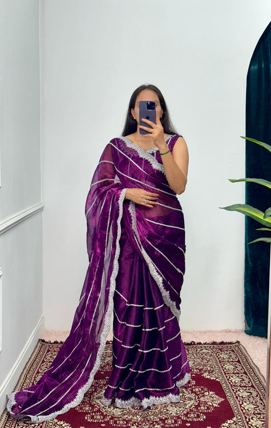 Peaceful Embroidery Zari Work Purple Color Saree