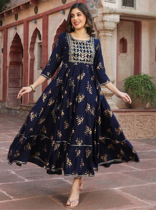 Good Looking Reyon Navy Blue Color Gown