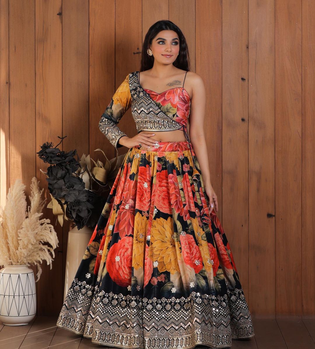 Designer Multi Color Lehenga Choli With One Side Sleeve Shrug