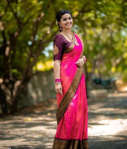 Pink With Wine Color Jacquard Border Soft Lichi Silk Party Wear Saree