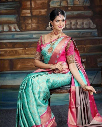 Designer Sky Blue With Pink Color Soft Lichi Silk Saree