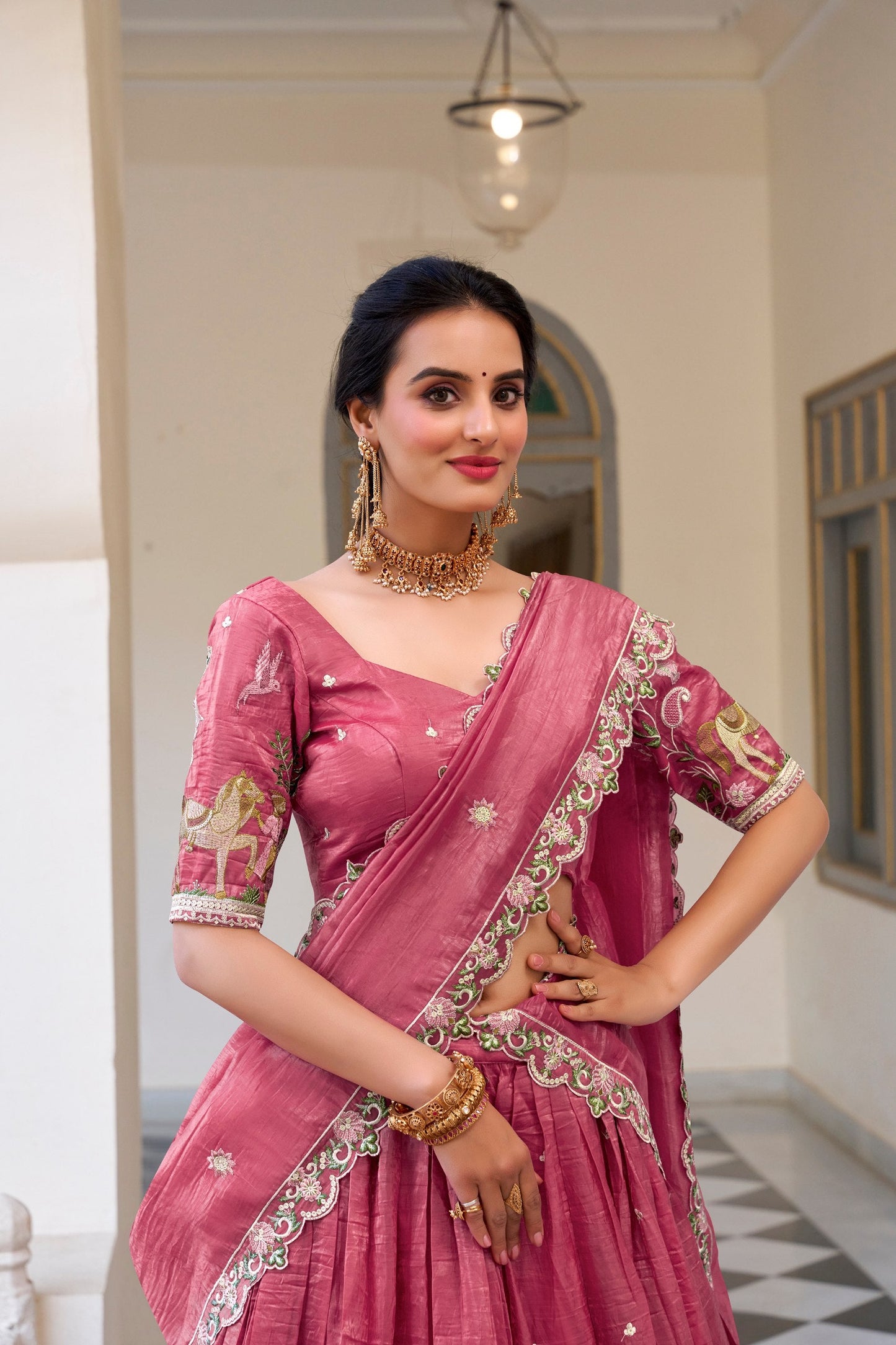Fabulous Pink Color Gold Crush With Sequins And Thread Embroidery Work Lehenga Choli