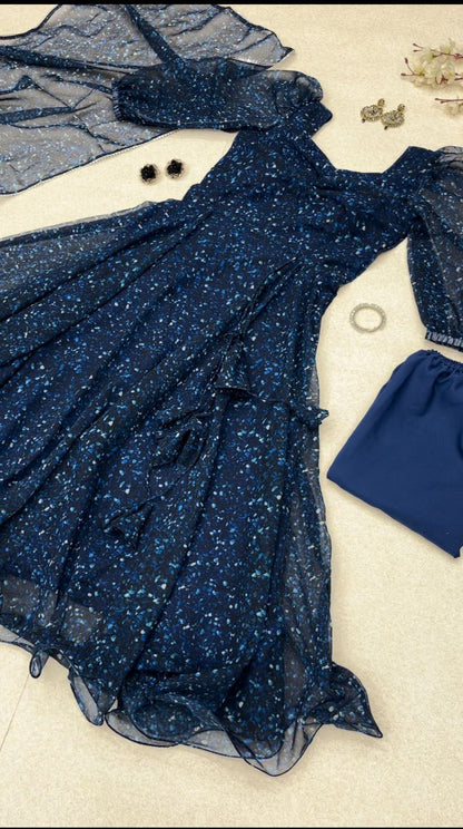 Superhit Navy Blue Color Digital Print Anarkali Suit
