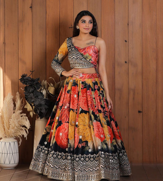 Designer Multi Color Lehenga Choli With One Side Sleeve Shrug