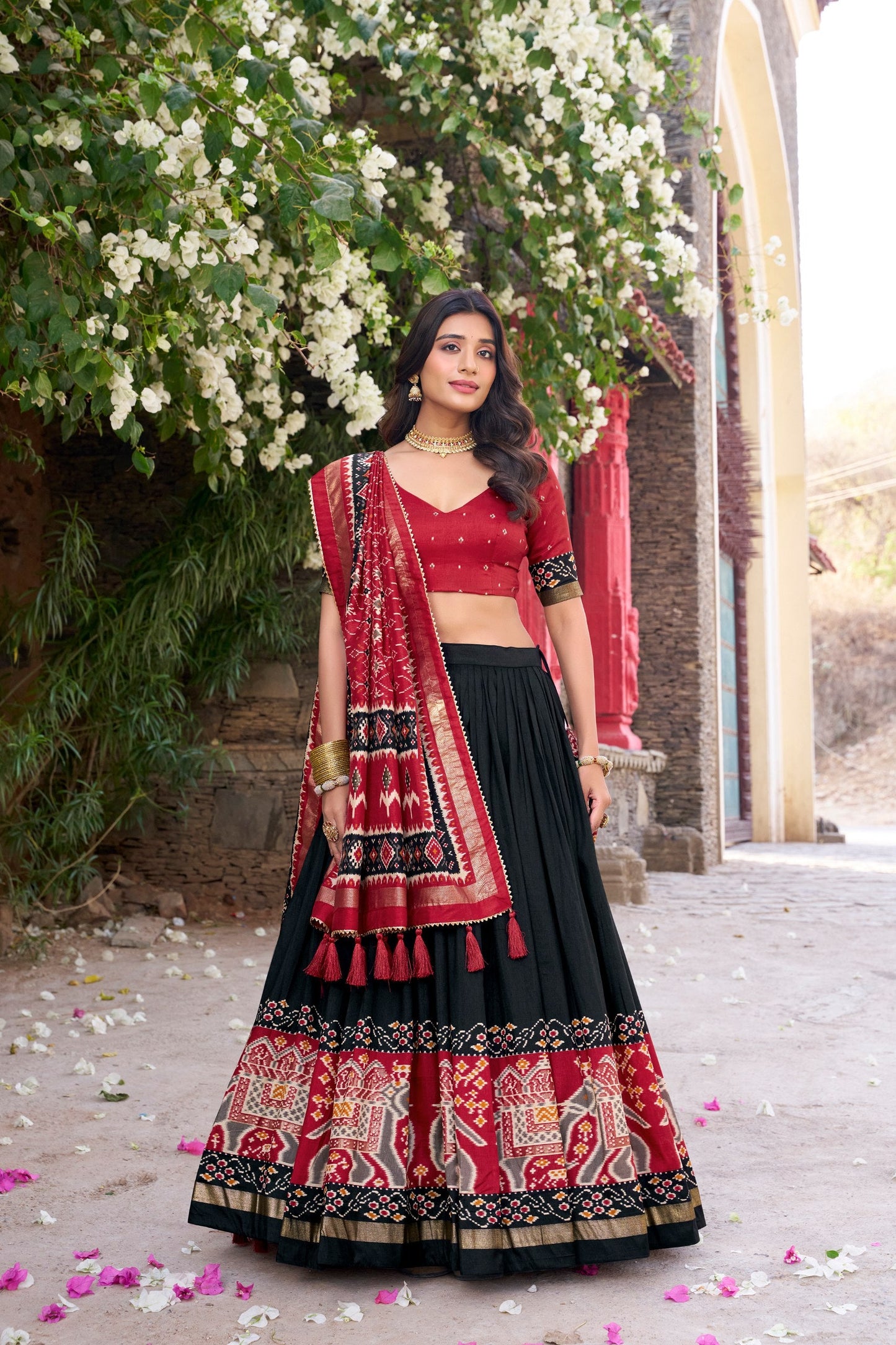 Traditional Wear Black Color Tussar Silk With Heavy Patola Printed Designer Lehenga Choli