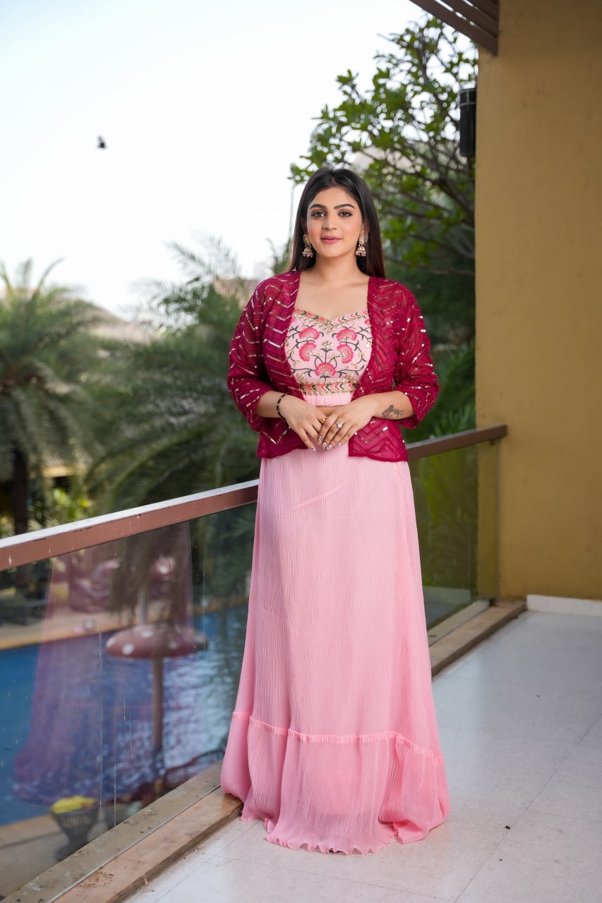 Stylish Light Pink Color Crushed Lehenga With Pink Shrug