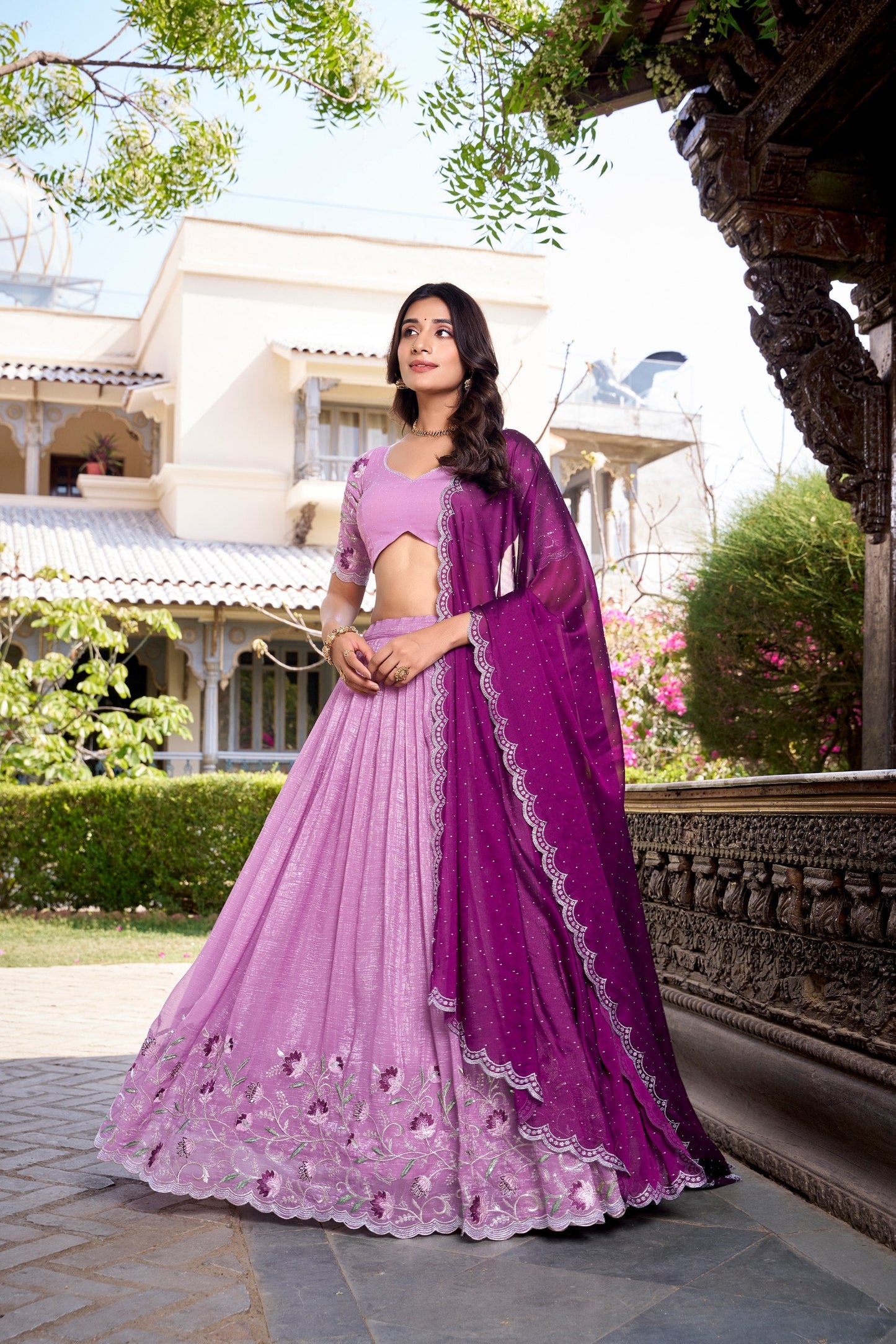 Elegant Lavender Color Silver Glosy Sequins And Thread Embroidery Work With Hotfix Designer Lehenga Choli