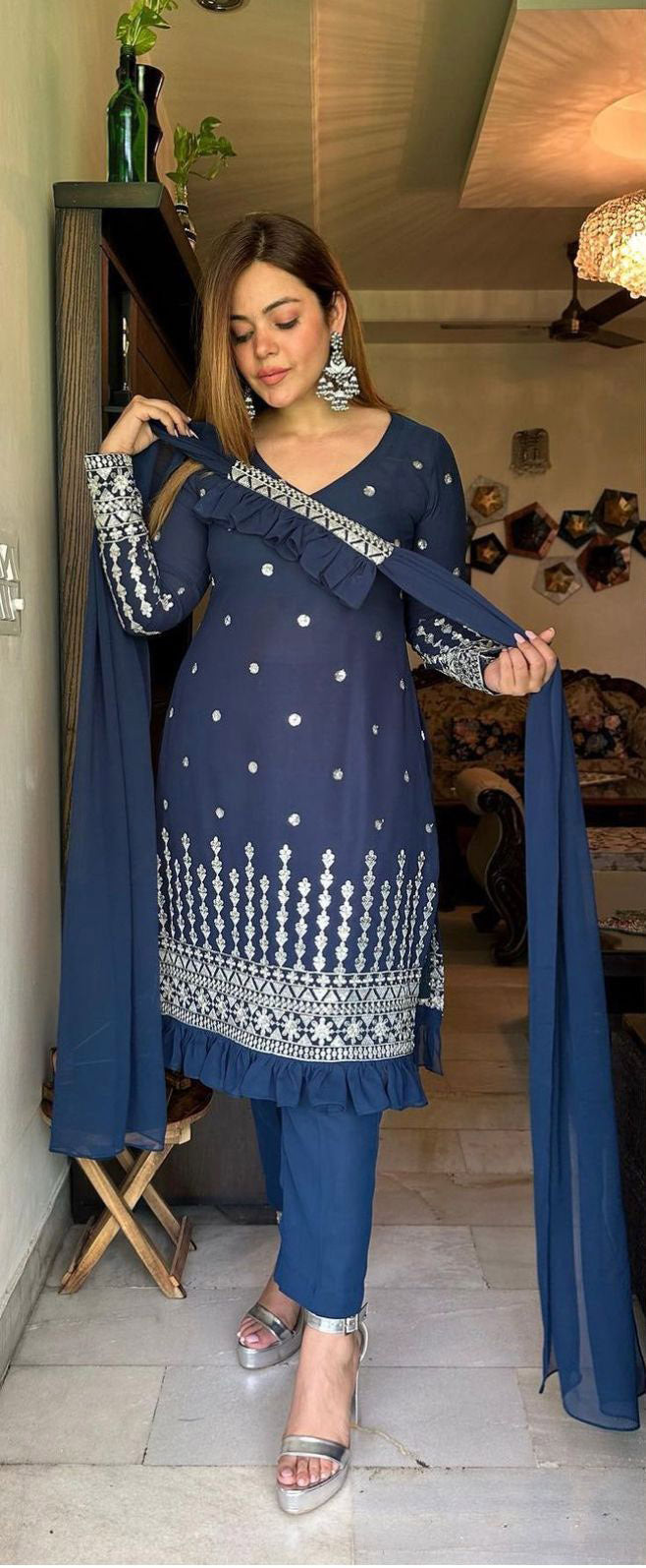 Terrific Embroidery Work Blue Color Salwar Suit