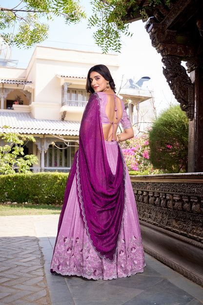 Elegant Lavender Color Silver Glosy Sequins And Thread Embroidery Work With Hotfix Designer Lehenga Choli