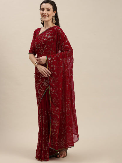 Elegant Dark Pink Beads and Stones Embroidered Saree