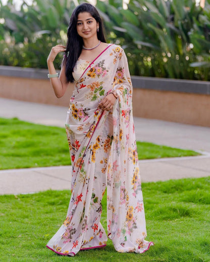 White Color Flower Printed Festive Wear Saree