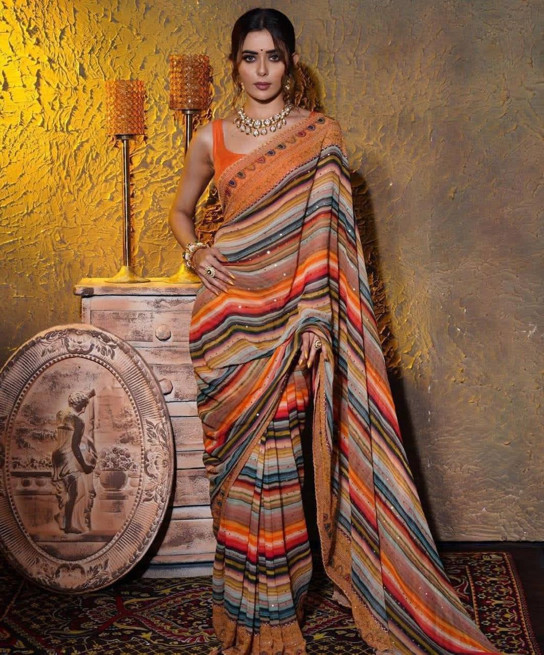 Digital Printed Multi Color Crosek Sequence Saree
