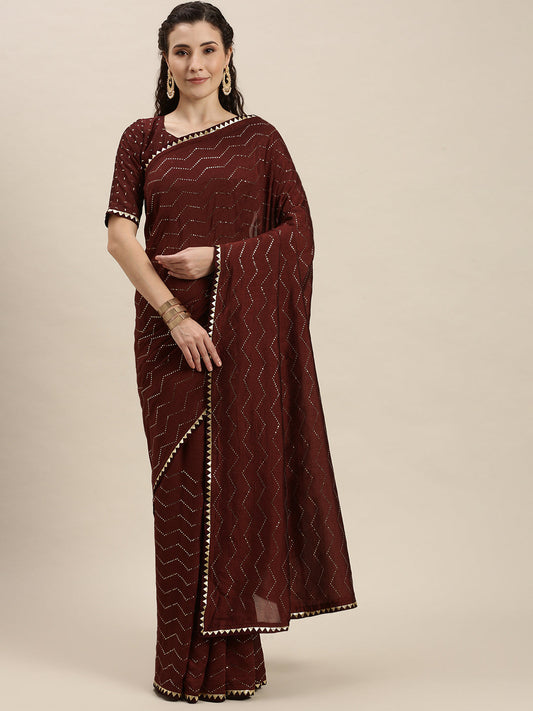 Luxuriant Maroon Golden Stones Work Art Silk Saree
