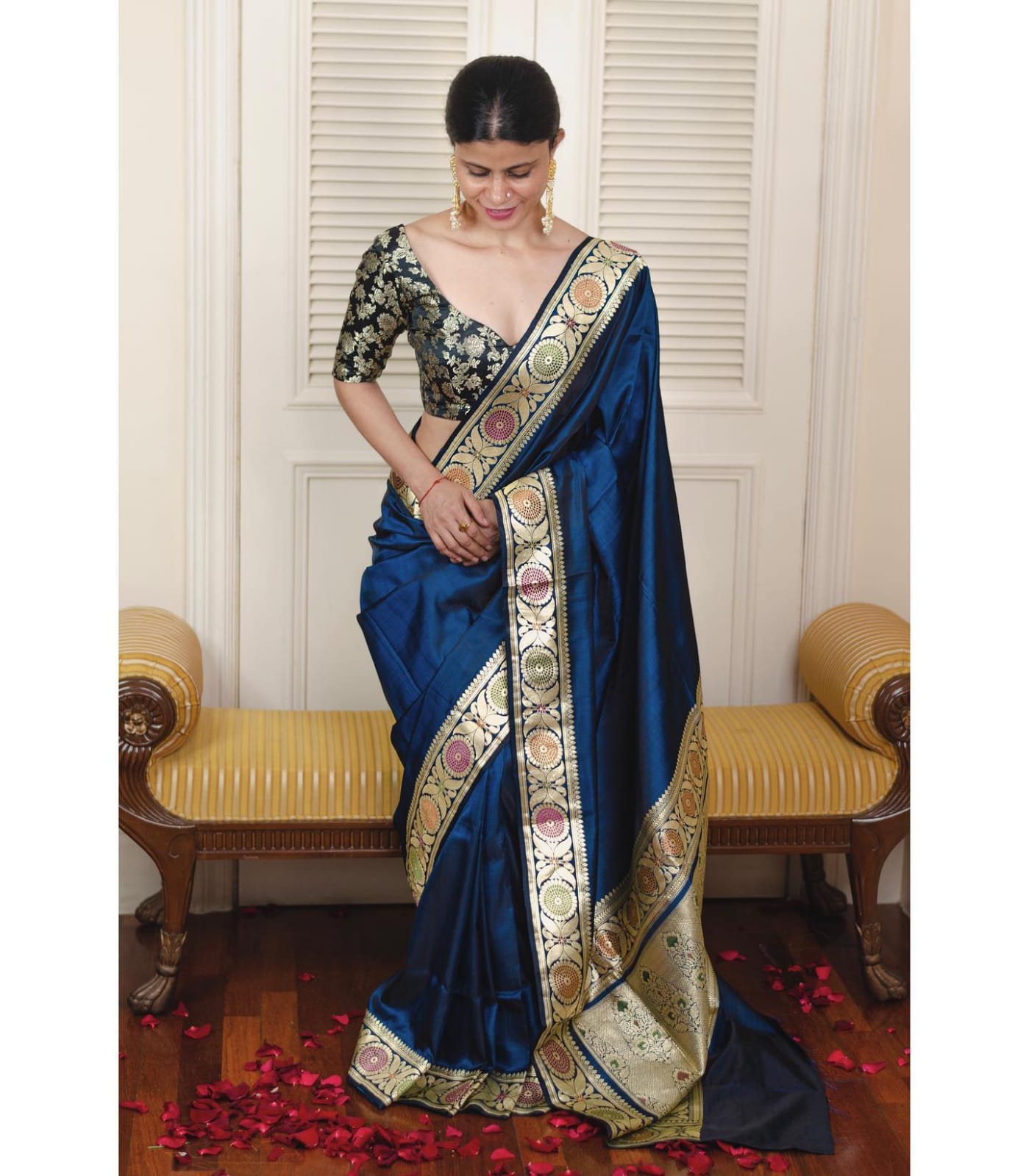 Pretty Blue Color Golden Work Lichi Silk Saree