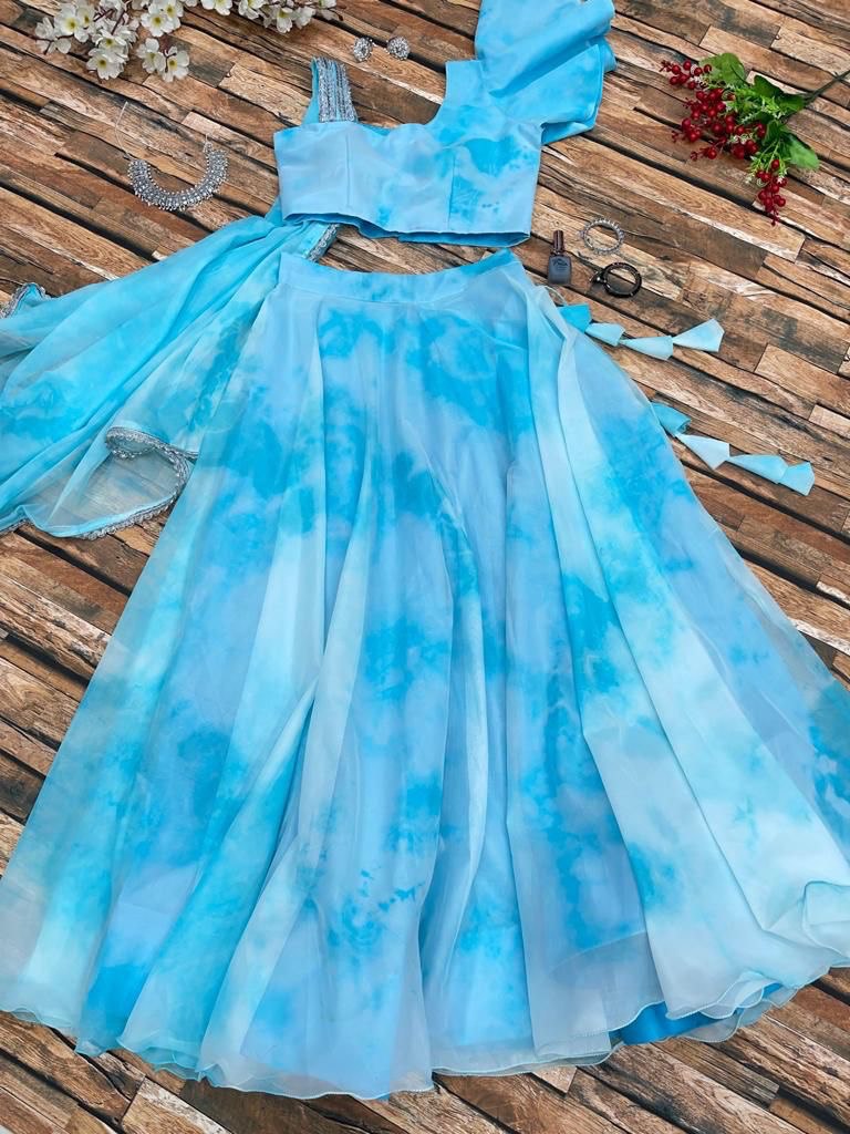 Sky Blue Color Shibori Print Georgette Lehenga Choli