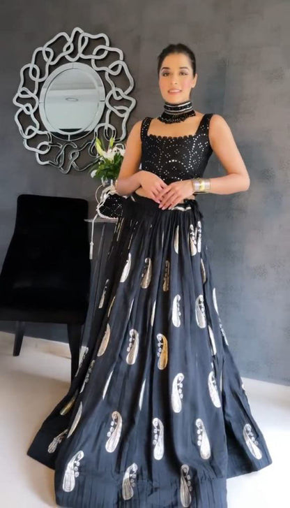 Designer Black Color Embroidery Lehenga Choli With Shrug