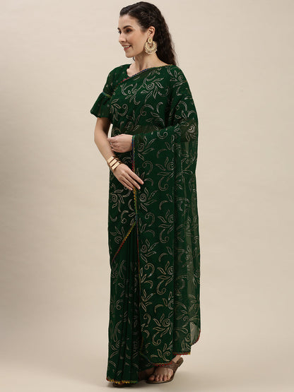 Fancy Green Color Beads and Stones Embroidered Saree